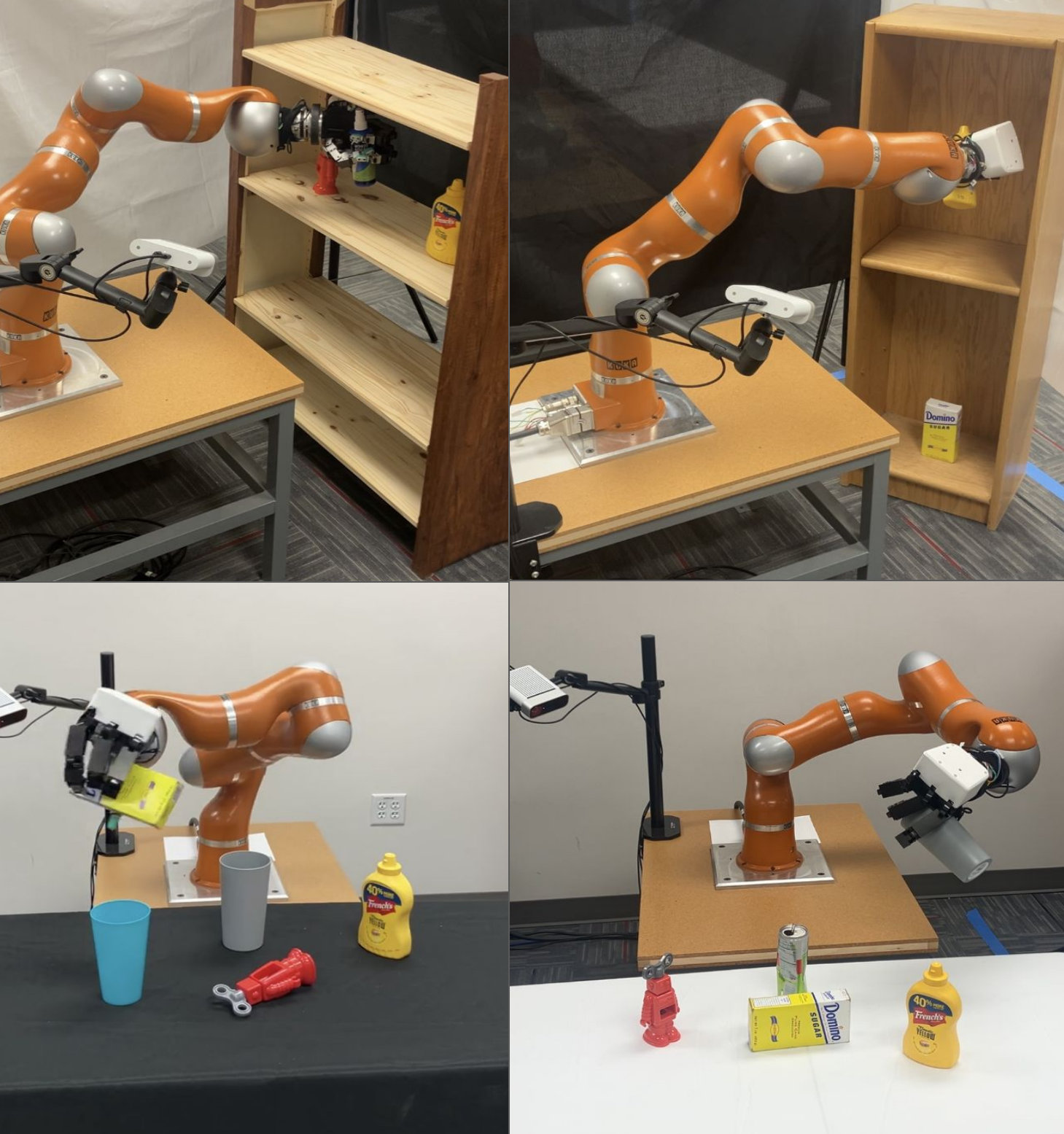 KUKA arm with Allegro hand grasping objects from shelves, tabletop scenes, and cluttered environments.