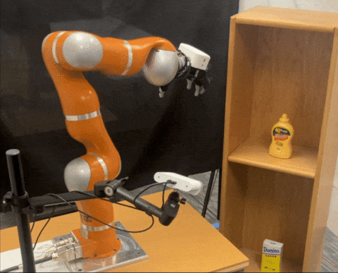 KUKA arm with Allegro hand grasping objects from shelves, tabletop scenes, and cluttered environments.