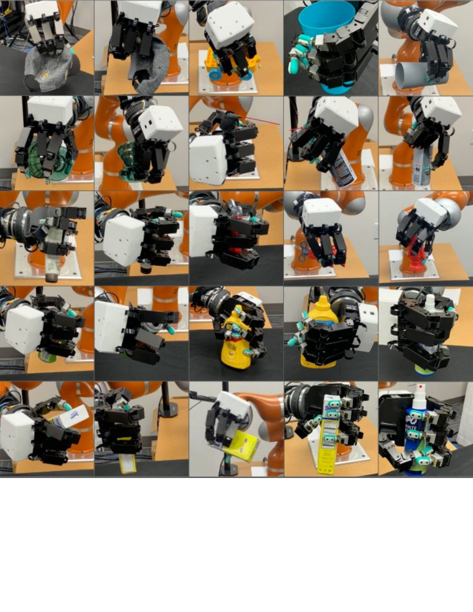 Grid of successful real-world grasps using the Allegro hand on everyday objects.